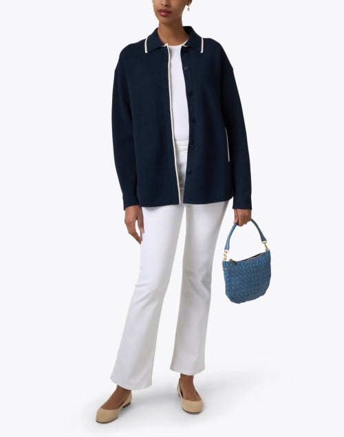 Sophisticated Navy 100% Cotton Knit Jacket with White Stripe Trim