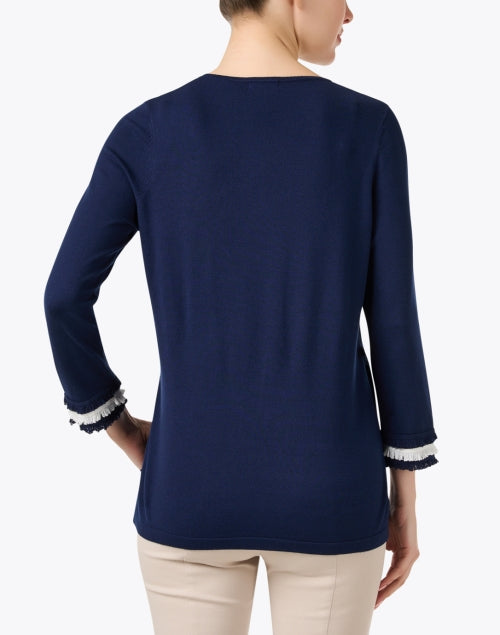 Navy and White Fringed Knitted Women's Top for Modern Wardrobe