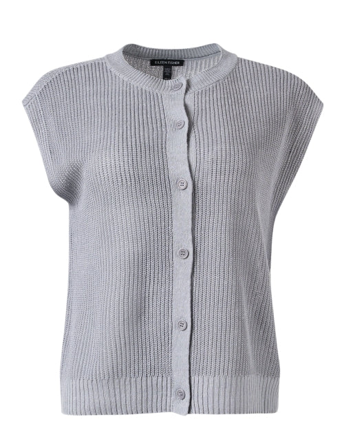 Eileen Fisher Women's Grey Ribbed Cotton-Linen Blend Sleeveless Cardigan for Transitional Seasons