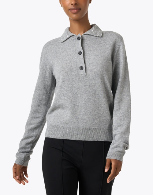 Stylish Platinum Grey Wool Blend Knit Women's Top with Sparkle Collar