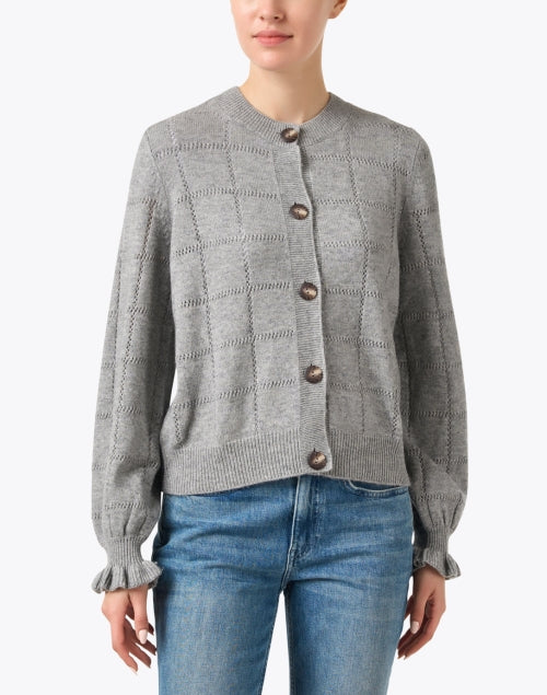 Stylish Grey Wool and Cashmere Blend Pointelle Knit Cardigan for Women