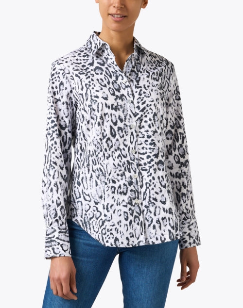 Stylish Diane Black and White Snow Leopard Print Women's Cotton Button-Front Blouse Top