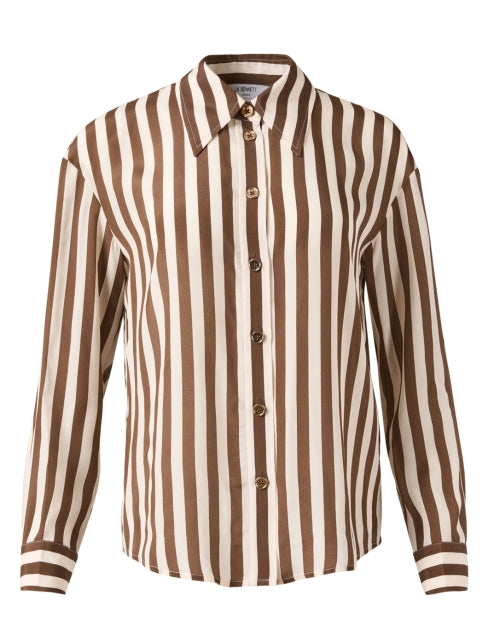 Blythe Women's Brown and White Striped Luxury Satin Silk Blend Blouse