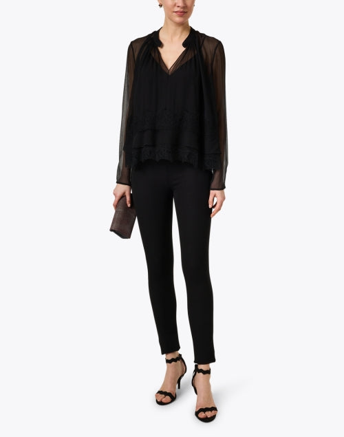Elegant Black Silk Chiffon Blouse with Intricate Lace Trim