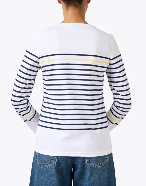 Etel Navy and White Striped Long - Sleeve Cotton Top with Yellow Accent