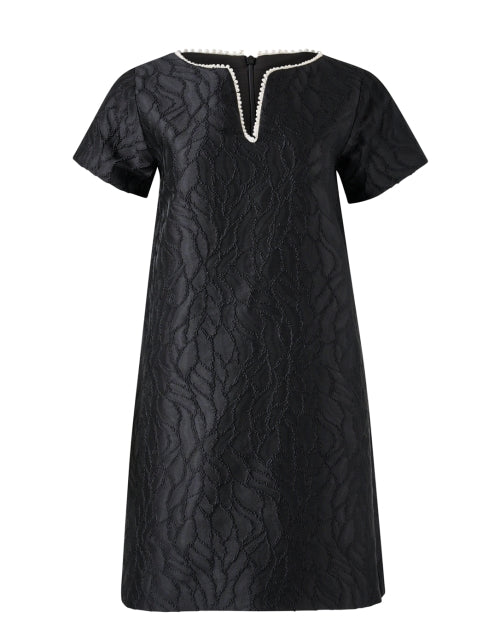 Stunning Lulu Black Textured Satin Jacquard Pearl - Trimmed Dress