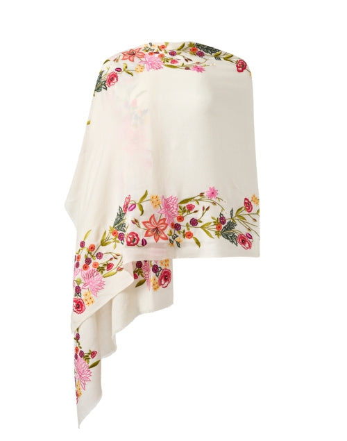 Ivory-colored Floral-embroidered Luxury Merino Wool Scarf for Women