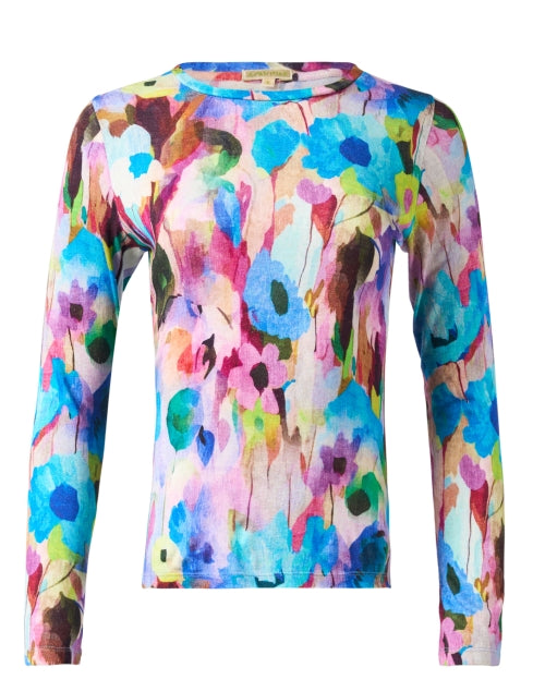 Stylish Blue Abstract - Patterned Cashmere - Silk Blend Sweater