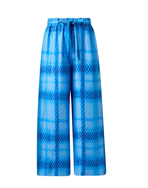Capri Style Blue Plaid Patterned Wide Leg Silk Women's Pants