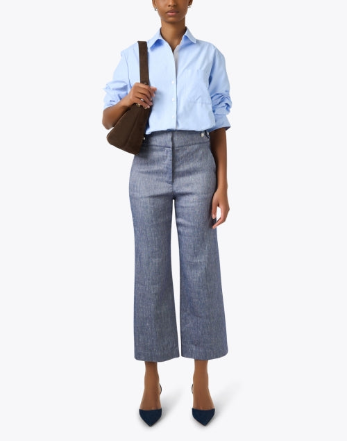Stylish Brochu Walker Pia Oxford Blue Cotton Blend Shirt with Ruched Sleeves