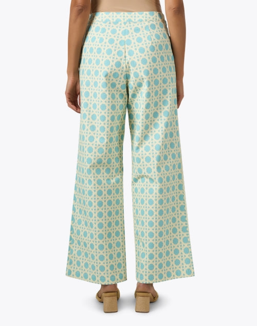 Antonella Women's Wide Leg Cotton Pants with Blue Basketweave Pattern and Gold Button Detailing