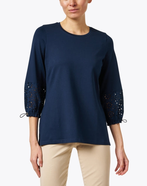Navy Stretch Pima Cotton Top with Eyelet Cuff Detailing on 3/4 Sleeves