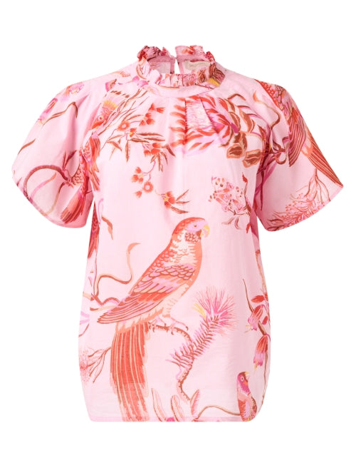 Delightful Pink Bird-Printed Cotton Women's Blouse Top