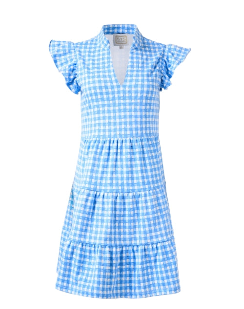 Sail to Sable's Stylish Blue Gingham Mini Tiered Flutter - Sleeve Dress