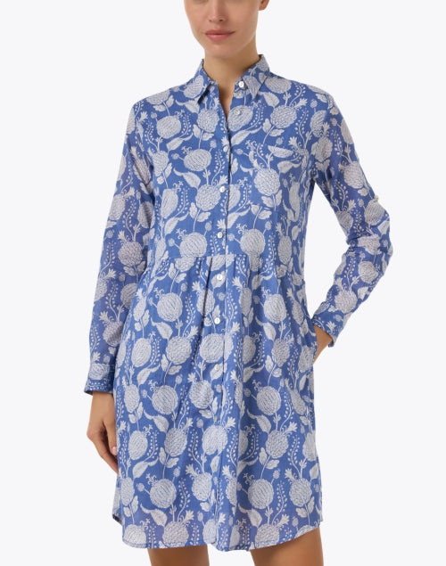 Stylish Blue Multi - Print Cotton Shirt Dress for Effortless Femininity