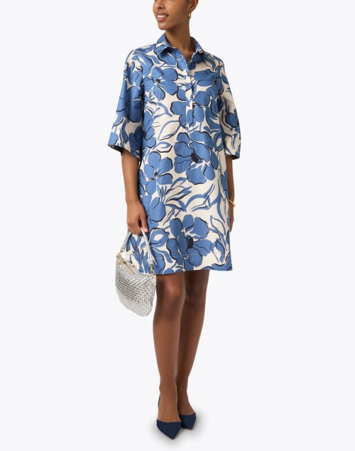 Jackalyn Blue Cotton Floral Printed Shirt-Style Dress