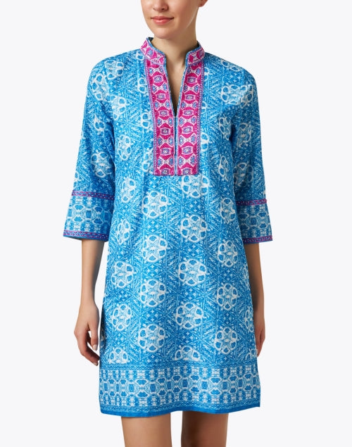 Stylish Blue and Pink Printed Women's Tunic Dress for Daily Wear