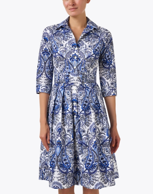 Audrey Stretch Cotton Dress with White and Blue Paisley Print