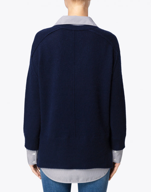 Stylish Navy Cashmere Blend Sweater with Striped Underlayer Design