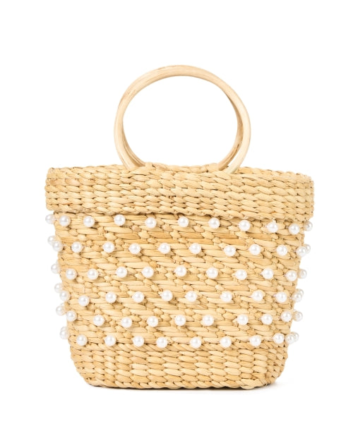 Stylish Faux - Pearl Studded Hand - Woven Mak Tan Mini Tote Handbag