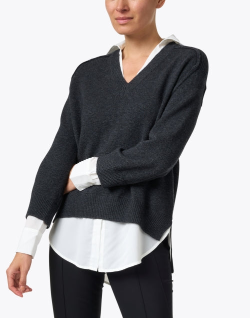Stylish Dark Charcoal Knit Cashmere Blend Sweater with White Underlayer Shirt Detailing