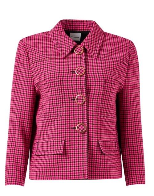 Stylish Pink Plaid Cropped Button-Front Luxury Jacket