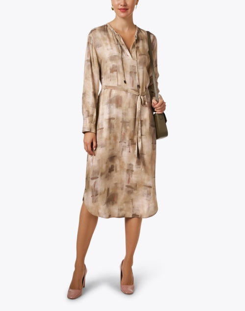 Stylish Beige and White Printed Twill Women's Dress for Fall