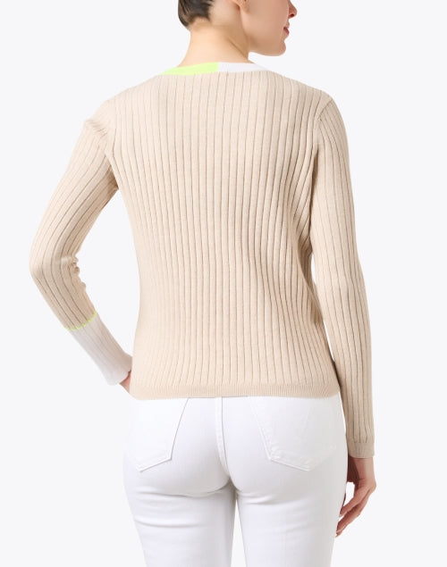 Beige Slim - Stretch Ribbed Cotton Sweater with Multi - Color Trim