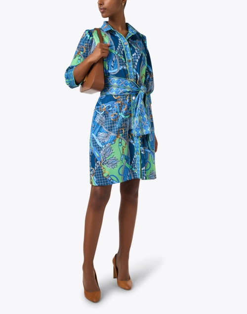 Stylish Blue Shirt Dress with Multi - Print Design