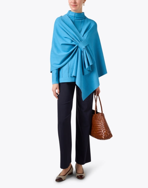 Stylish Blue Knit Wrap with Tab Closure for Cool Weather