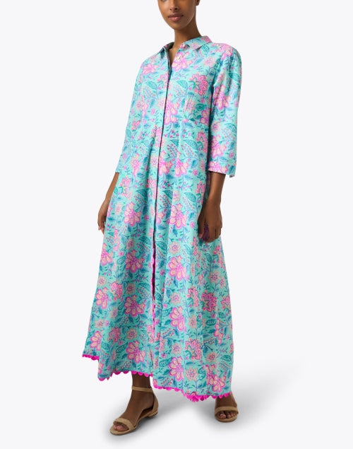 Stylish Aqua and Pink Floral Print Women's Dress