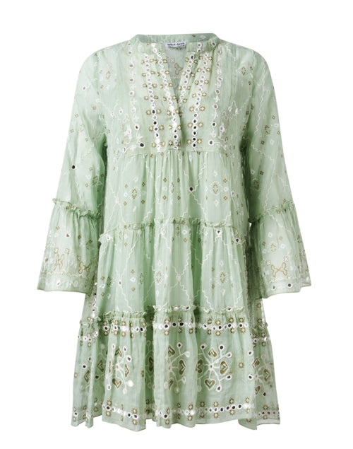 Stylish Women's Green Mosaic Printed Cotton Dress with Flare Sleeves and Tiered Skirt