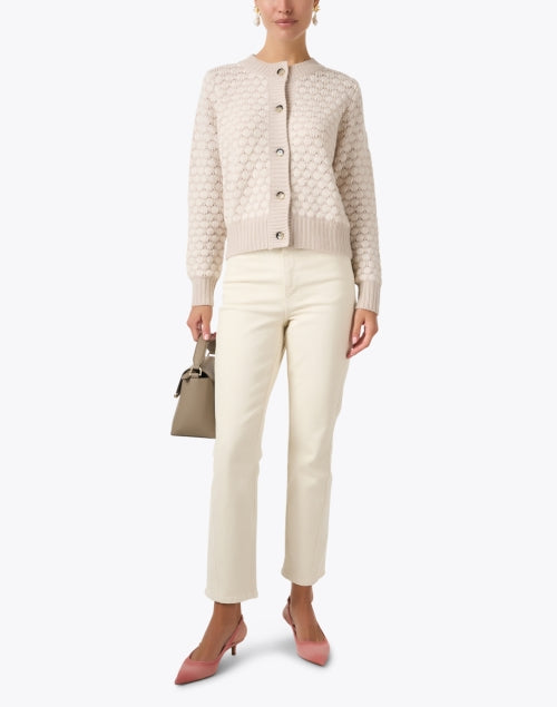 Stylish Beige and White Scallop Patterned Wool - Cashmere Blend Cardigan