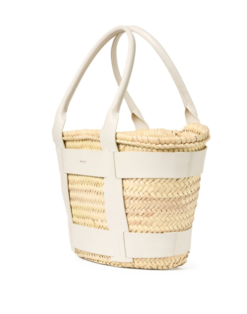Stylish Santorini White Leather and Raffia Handwoven Top-Handled Tote Bag