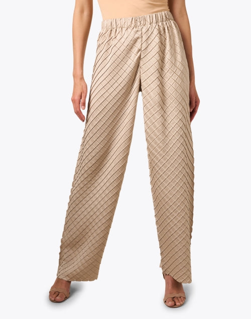 Luxurious Beige Diamond - Patterned Plisse Wide - Leg Pants
