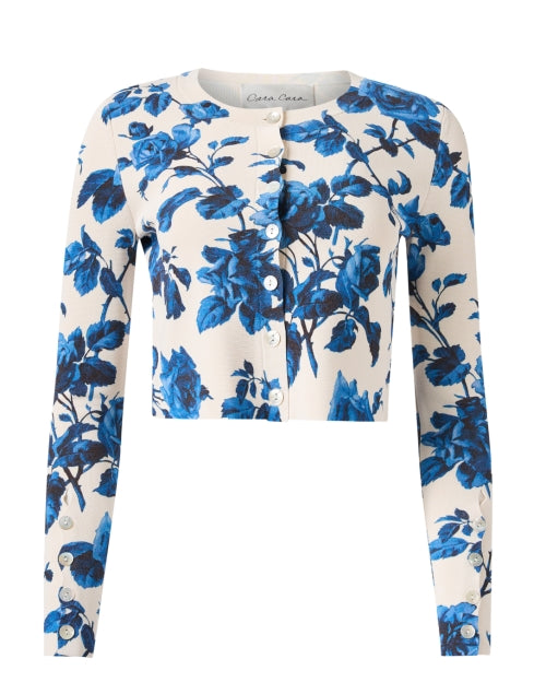 Amber White Floral Knit Crewneck Cardigan with Pearlescent Buttons