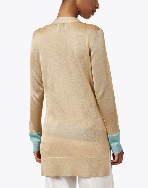 Stylish Fergie Metallic Gold and Blue Longline Slim-Fit Cardigan