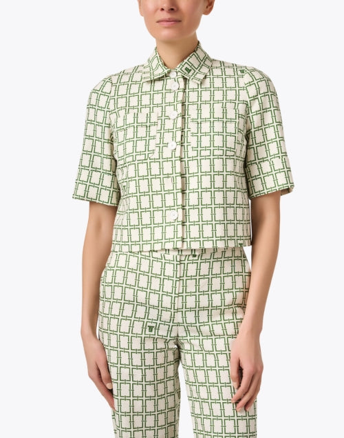 Stylish Green Geometric Print Premium Cotton-Linen Short Sleeve Top by Tara Jarmon