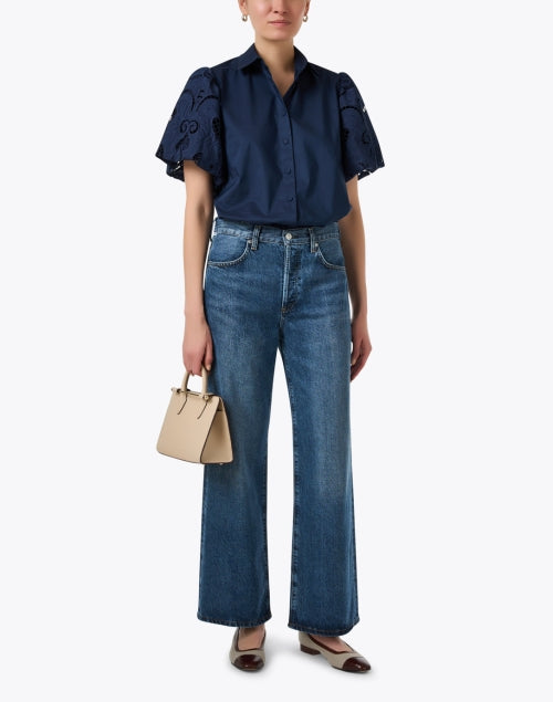 Navy Angeline Blouse with Eyelet Sleeve Design for Modern Women