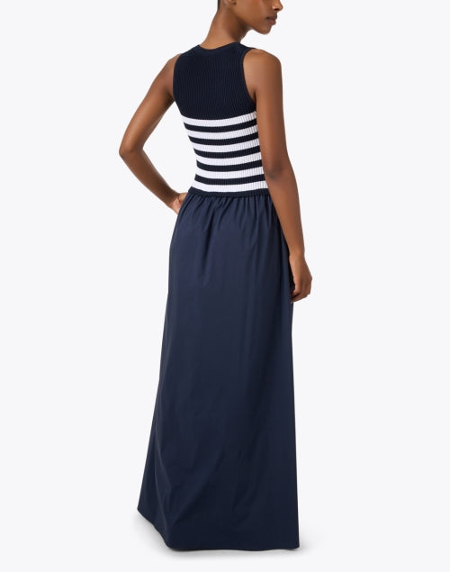 Navy Blue Striped Knitted Poplin Women's Maxi Dress