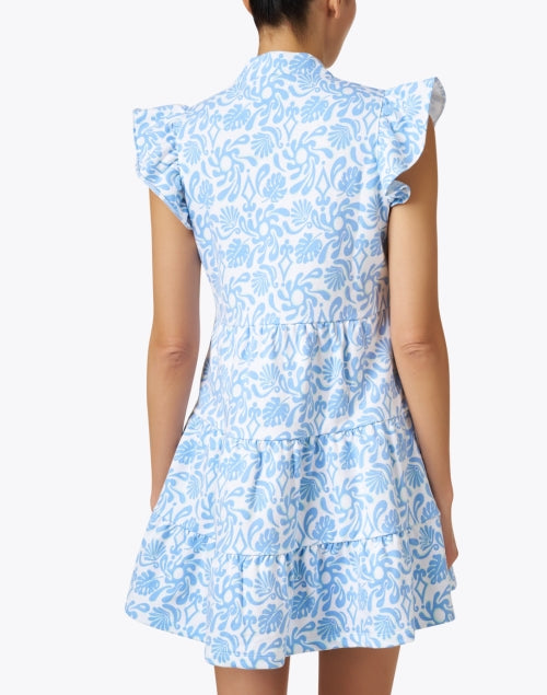 Stylish Blue Floral Print Mini Tiered Tunic Dress with Flutter Sleeves