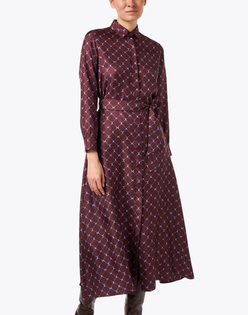 Exquisite Bordeaux Red Printed Silk Women's A-Line Dress