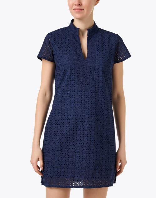 Navy Women's Eyelet Lace Tunic Style Dress for Transitional Seasons