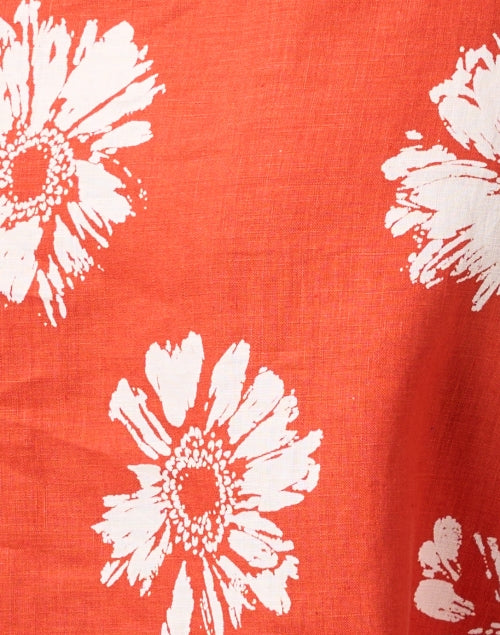 Stylish 100% Linen Orange Floral Dress with Self - Tie Belt