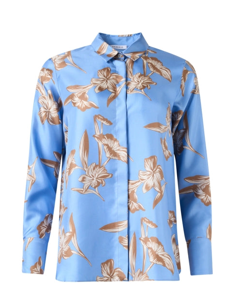 Stylish Lightweight Blue Silk Blouse with Floral Block Print