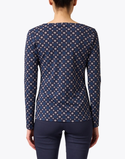 Navy Stretch Jersey Long Sleeve Cowl Neck Printed Top