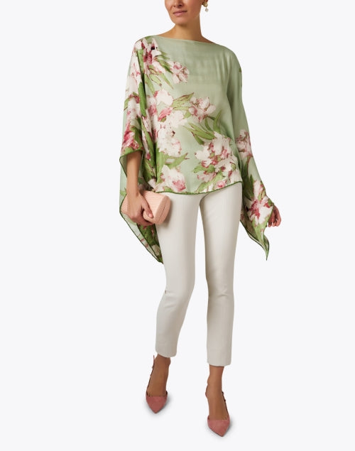 Exquisite Italian Green Floral Print Cashmere Silk Poncho