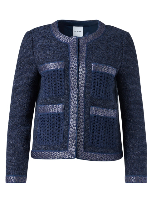Stylish Blue Lurex Trimmed Tweed Blazer for a Refined Look