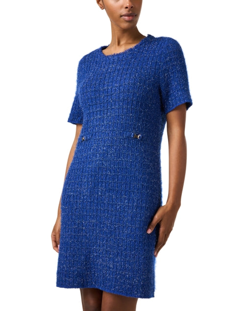 Stylish Blue Wool - Blend Knit Shift Dress with Metallic Shimmer