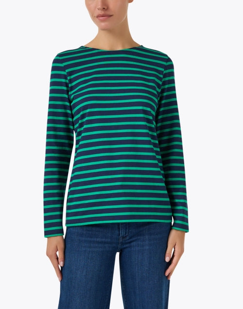 Luxurious Navy and Green Striped Airy Cotton Minquidame Top